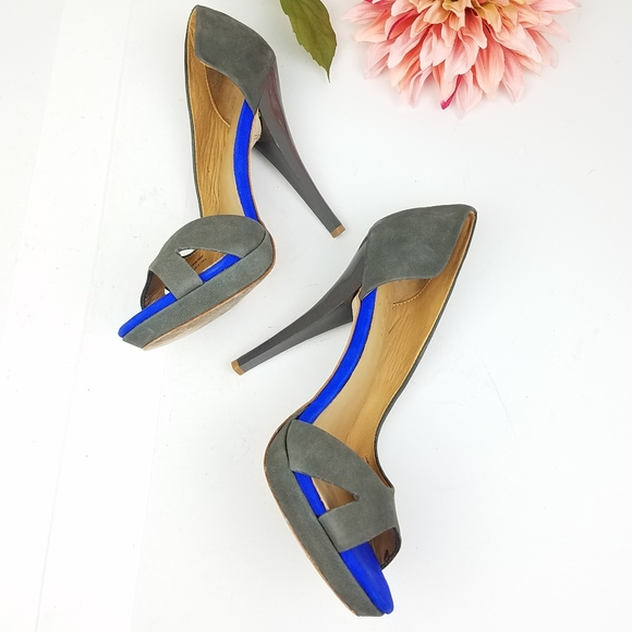 L.A.M.B. open-toe gray and blue suede heels sz 10 - Picture 8 of 8